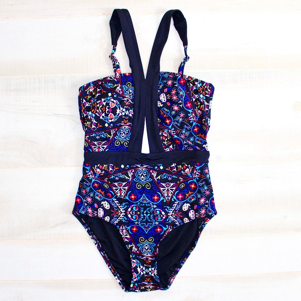 Laundry by Shelli Segal One Piece Swim Cutout Mosaic Print Black Small